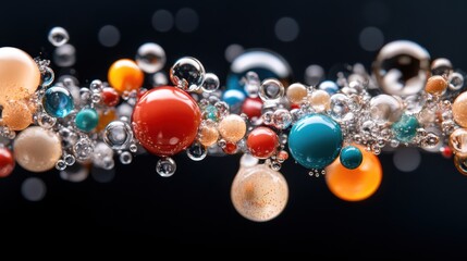 A mesmerizing macro view of colorful oil droplets suspended in a fluid dance, creating a dynamic and vibrant abstract composition.