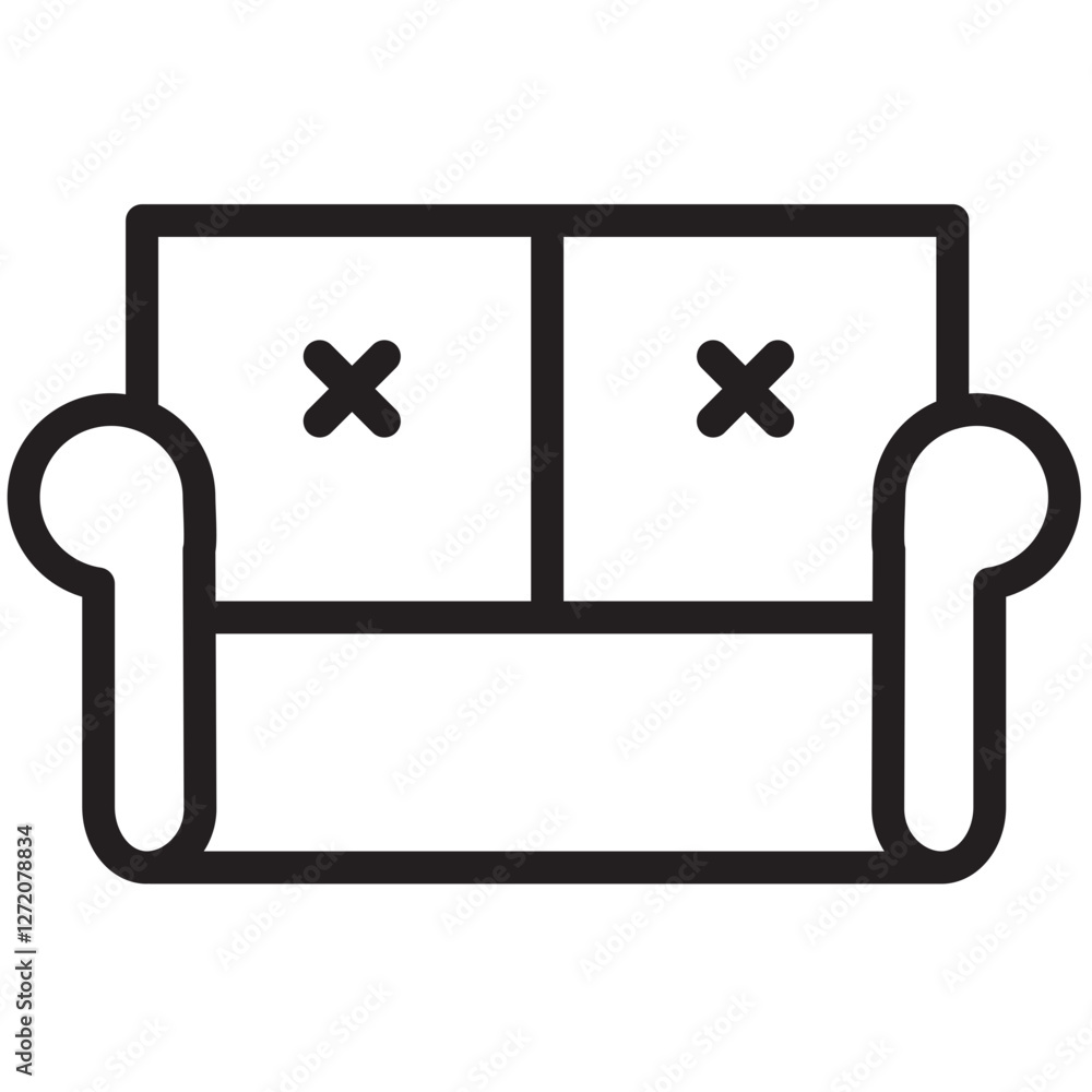 Poster stylish line icon illustration of a modern two-seater sofa with crossed-out marks representing a def