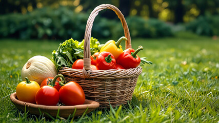 Vegetables grown at home, collected in a basket. Summer Harvest: Fresh Produce in a Picnic Basket. wicker basket assortment fresh vegetables fruits lush green lawn healthy eating harvesting