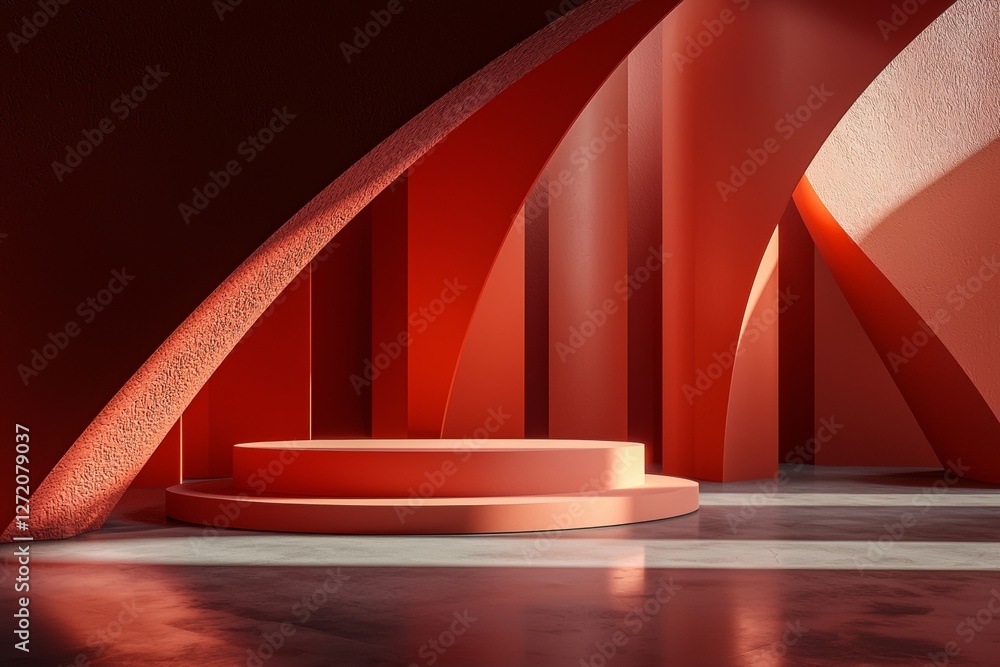 Poster the image depicts a red background with an empty display stand or shelf in a studio, used for demons