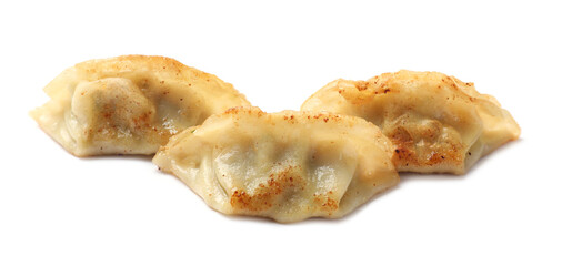 Tasty fried gyoza dumplings isolated on white