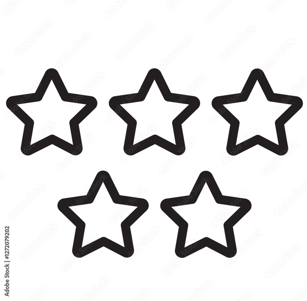 Poster collection of five black outline stars arranged in a horizontal line for design elements and graphic
