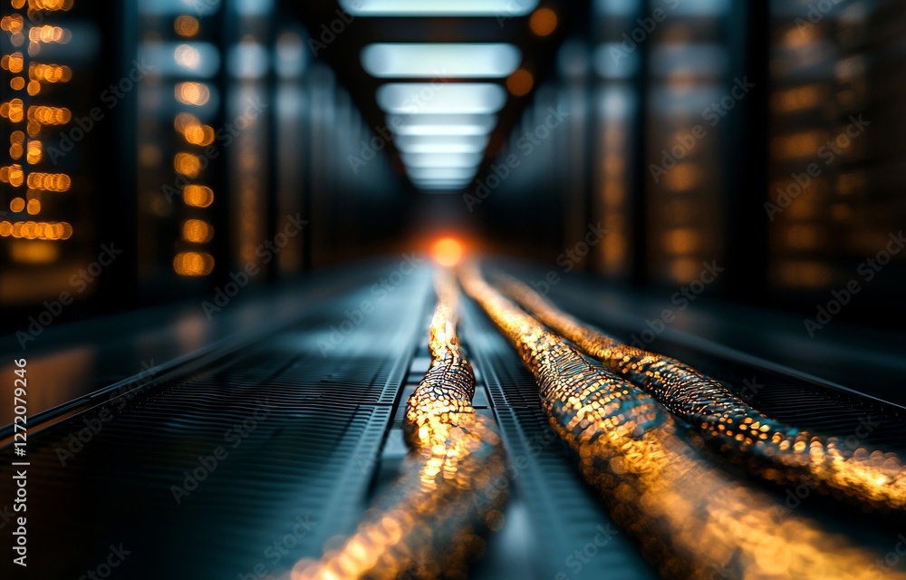 Poster a 3d rendering of storage systems in a data center room's connection network in servers