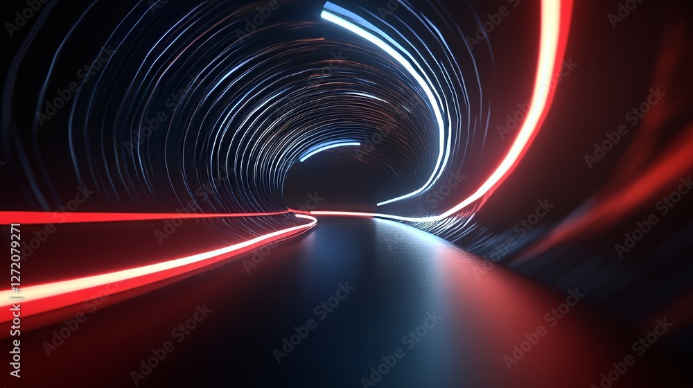 Poster concept for fast business technology, featuring a 3d rendering of a curved tunnel with led glowing l