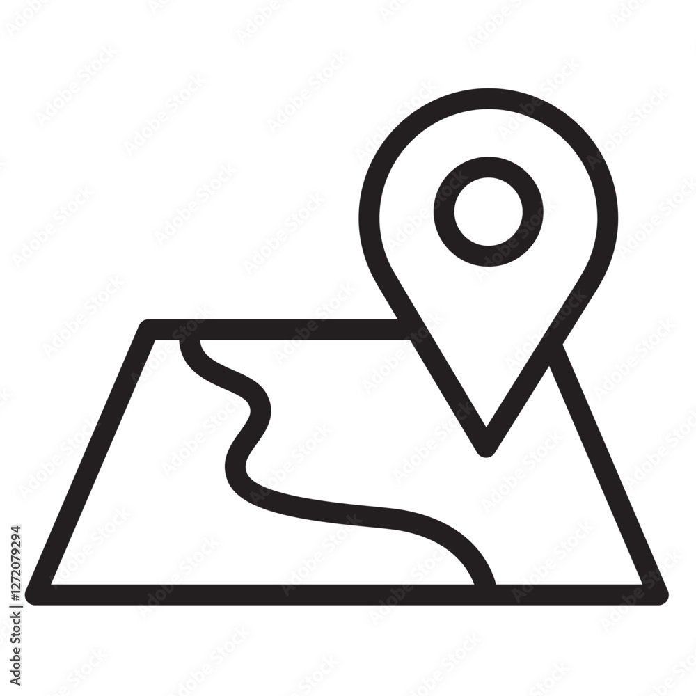 Aufkleber map marker icon representing location on a land area with a winding river line illustration to indic