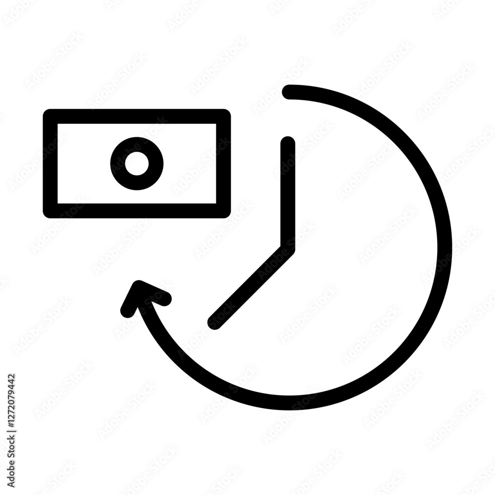Poster minimalist line icon representing time and money management with a circular arrow and clock