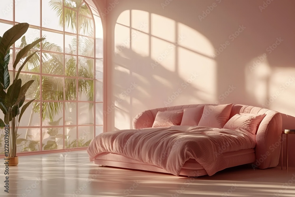 Poster the floor background features a blank pink display with a minimalist aesthetic, designed as a stand 