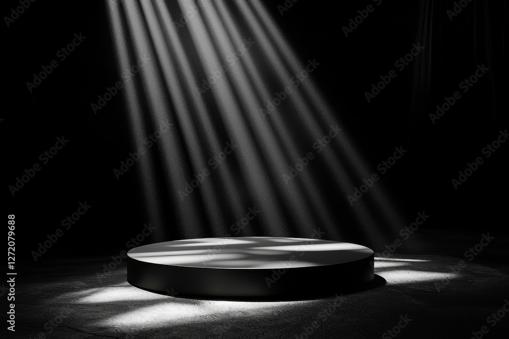 Poster on a dark background, a 3d rendering shows a black pedestal or podium accompanied by a long platform