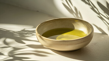 Bowl of olive oil bathed in sunlight with leaf shadows create a tranquil and inviting scene.