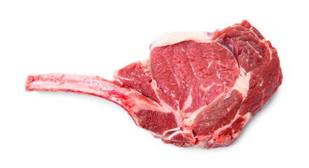 Obraz premium One raw beef steak isolated on white, top view