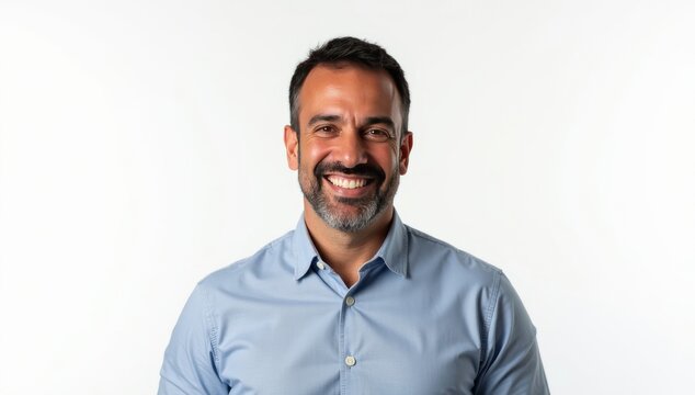 headshot portrait of middle age mature adult man. Freelancer entrepreneur isolated on white background. Happy smiling handsome 40 years old latin hispanic businessman looking at camera