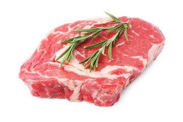 Piece of raw beef meat and rosemary isolated on white
