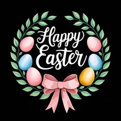 Easter circular design with chocolate eggs and a bow and green leaves