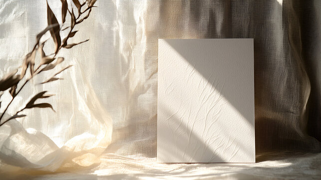 Elegant card with light and shadow on draped fabric, evokes sophistication and peaceful ambiance. Minimalist design.