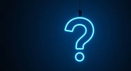 Naklejka premium Hanging Question Mark Neon Sign - Illuminated question mark, hanging bulb, enigma, inquiry, blue background, concept of curiosity and uncertainty