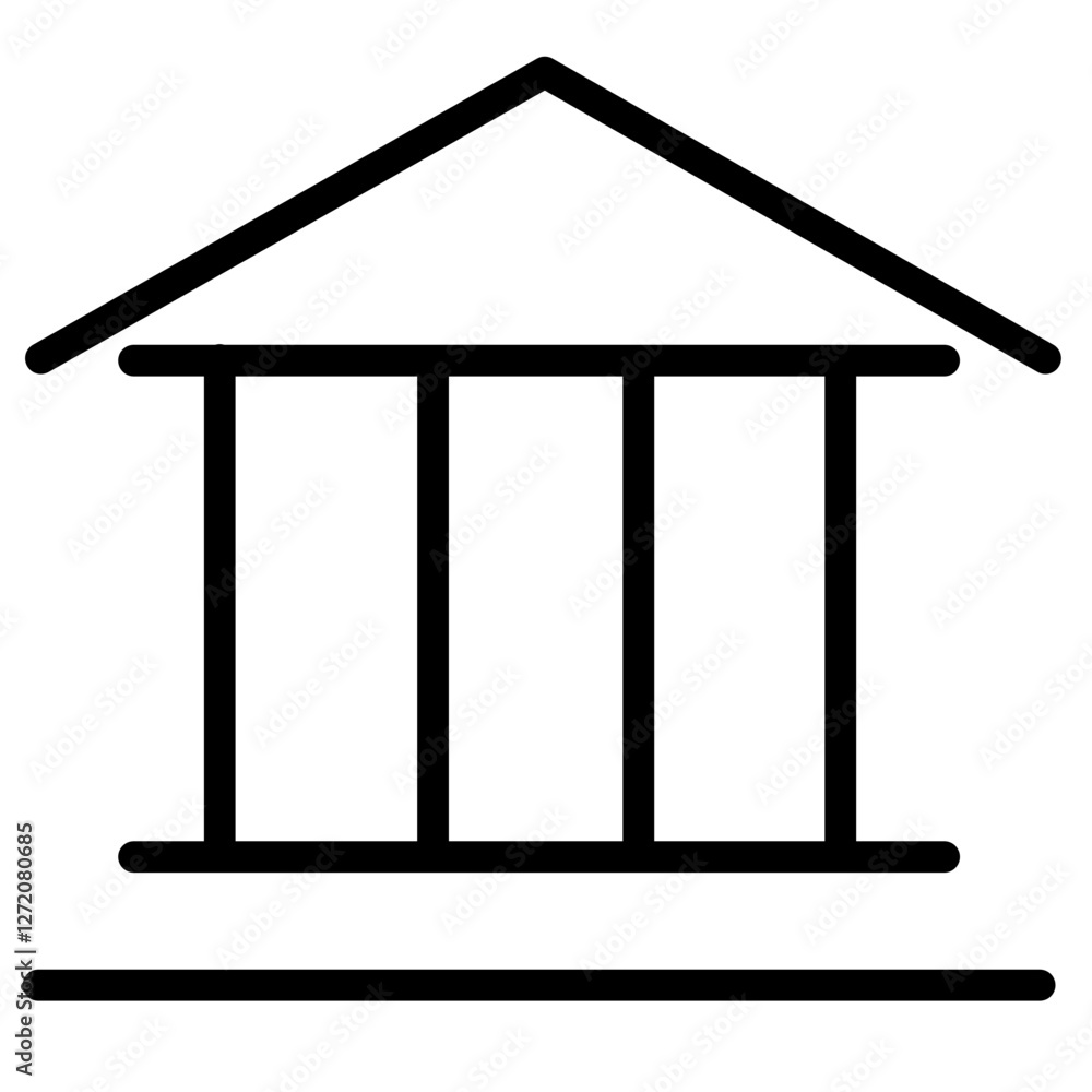 Poster line icon illustration depicting a simple building with columns and a triangular roof structure