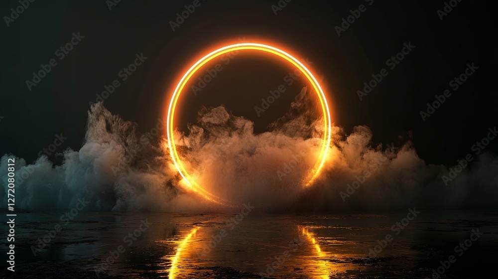 Aufkleber a 3d rendering depicts an abstract cloud illuminated by a neon light ring set against a dark night s