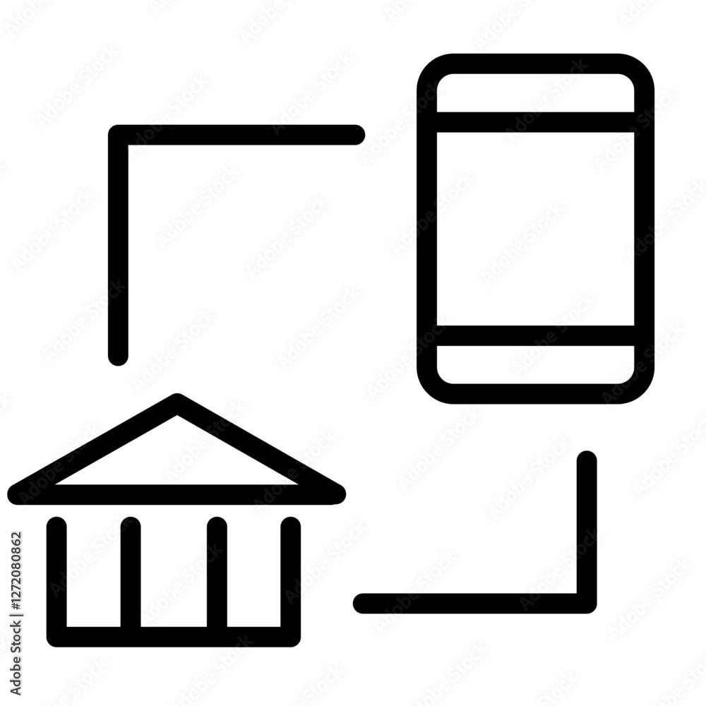 Poster vector illustration of a bank building and mobile device in a minimalist line design style