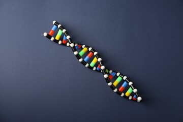 Colorful DNA structure model on dark blue background, top view