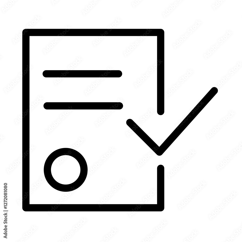 Poster line icon of a document with checkmark indicating approval or verification of information in a simpl