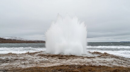 Obraz premium Geyser erupting with a powerful blast of hot water and steam on a rocky shore under an overcast sky.