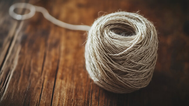 A ball of natural twine, partially unraveled, sits on a rustic wooden surface in soft, diffused light.