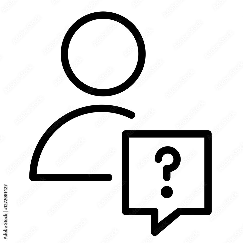 Poster line icon representing a person with a question mark in a speech bubble for the concept of inquiry o