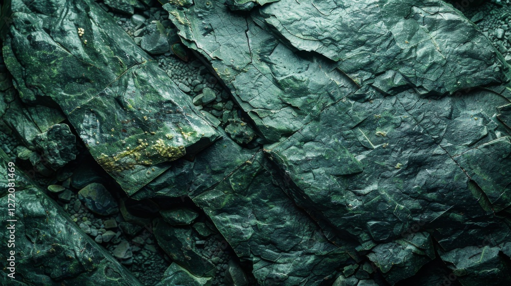 Poster close up view of a textured green rock surface reveals intricate layers and patterns, highlighting t