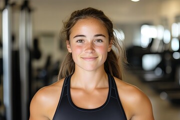Fototapeta premium Young caucasian female smiling in gym setting with exercise equipment