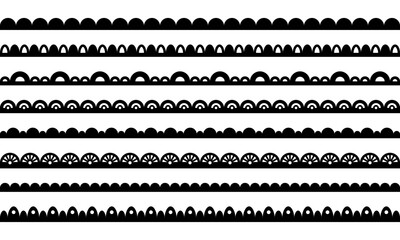 Scallop fabric border. Lace fabric edge for frame design. Set of vector line art ornaments isolated on white background.