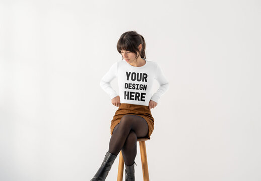 Mockup Of Woman Wearing Customizable Top On Stool