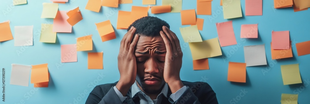 Aufkleber stressed office worker holding head amidst a chaotic backdrop of colorful sticky notes, symbolizing 