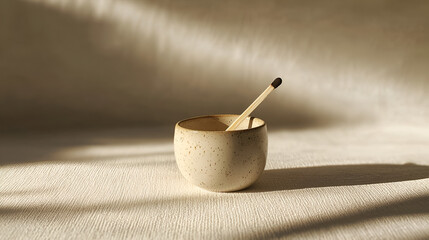 Matchstick in a neutral-toned speckled ceramic bowl, bathed in warm sunlight against a textured backdrop.