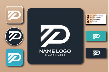 Logo design mockup with business card and app icons.