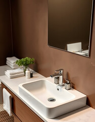Modern sink with bath supplies on countertop near brown wall in bathroom, magazine photoshoot. with white shades