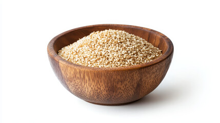 A wooden bowl filled with sesame seeds, isolated against a white background, showcasing a full depth of field
