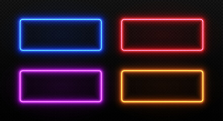 Light neon rectangle frame. Glow LED border. Vector set of laser templates for design isolated on dark transparent background.