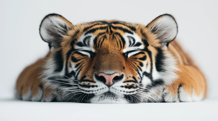 Obraz premium A close-up of a striped brown, white, and black Bengal tiger's face closing it's eyes looking forward isolated on white background 