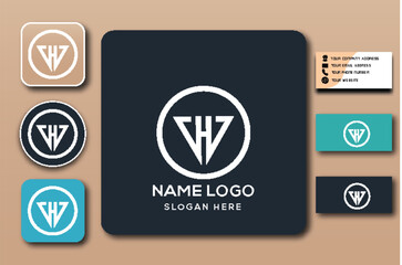 Logo mockup with letter W in circle, business card and app icon.
