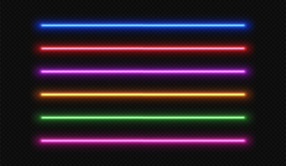 Neon line light. LED laser stripe. Fluorescent tube glow. Set of vector electric beams dividers isolated on black transparent background.