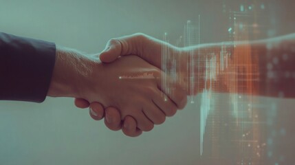 Two businessmen are shaking hands. With a digital overlay of data and technology. Symbolizing a partnership or agreement in the tech industry. Highlighting the intersection of business and innovation