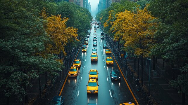 Urban street with yellow taxis on rainy day amidst autumn foliage
