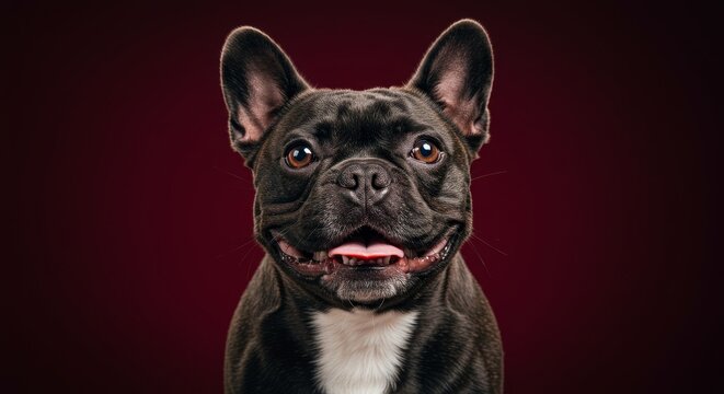 Joyful French Bulldog Indoor Studio Portrait - A happy French Bulldog poses for a close-up studio shot. The symbolizes pet happiness, canine companionship, playful energy, breed characteristics