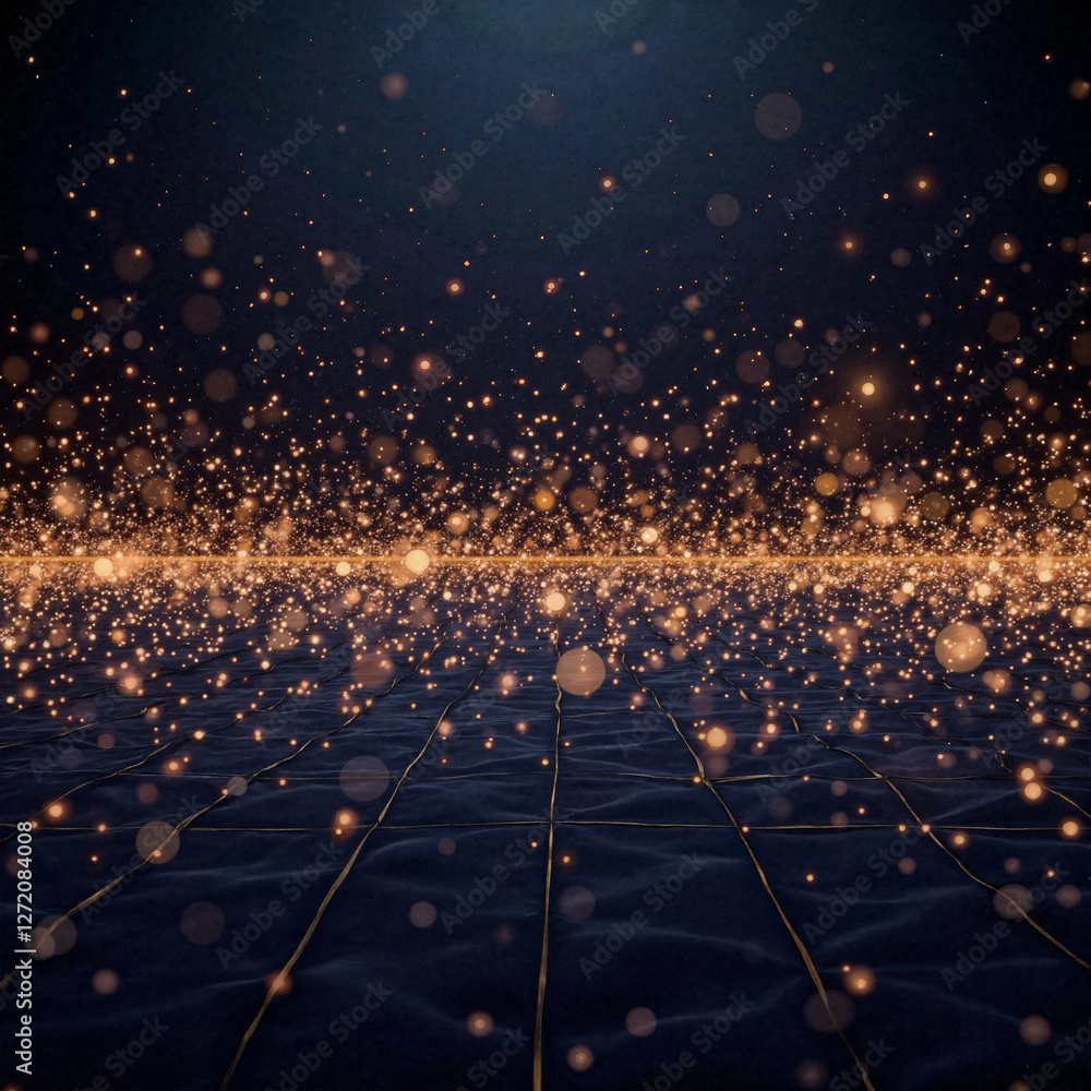 Poster abstract particle scattering with glowing grid in dark environment, innovation