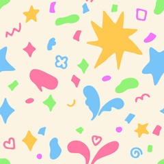 Colorful abstract seamless pattern featuring various playful shapes and symbols
