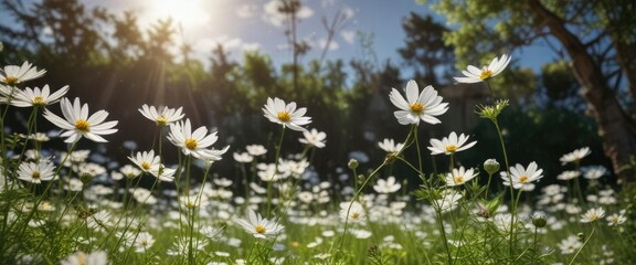 Cluster of white cosmos flowers reaching towards the sky in a peaceful garden setting, cluster, white