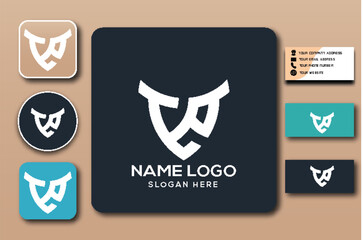 Logo design mockup with shield shape and initial letters.