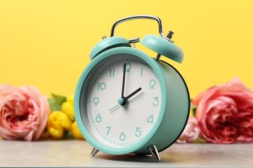 Spring time. Alarm clock and beautiful flowers on grey marble table against yellow background,...