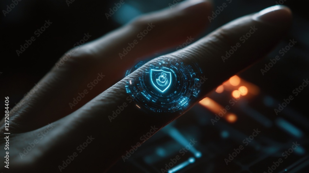 Poster cybersecurity concept with finger activating digital fingerprint scanner with glowing security shiel