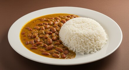 Kidney Bean Curry with Rice - Delicious kidney bean curry served with a mound of fluffy white rice on a white plate